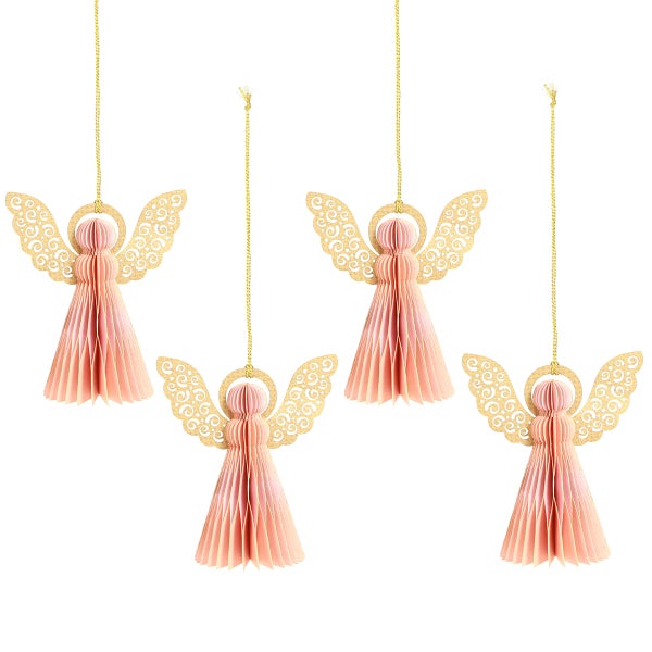 Vier Engelanhänger aus Papier mit goldenen Flügeln zum Aufhängen