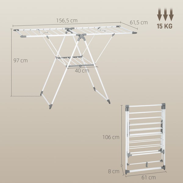 Wäscheständer klappbar, Breite 156,5 Zentimeter, Tiefe 61,5 Zentimeter, Höhe 97 Zentimeter, belastbar bis 15 Kilogramm.