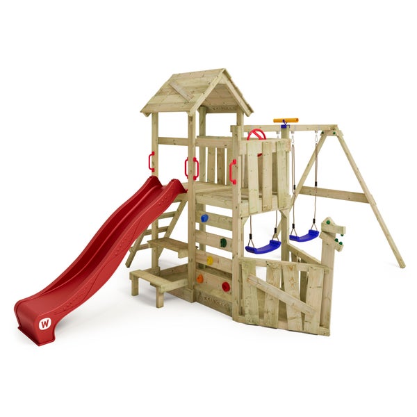 WICKEY Spielturm Klettergerüst GalleyFlyer mit Schaukel und Rutsche, Kletterturm mit Sandkasten, Kletterleiter und Spiel-Zubehör – rot