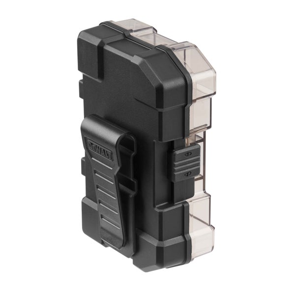 DeWALT Zubehörbox mit Gürtelclip und transparentem Deckel.