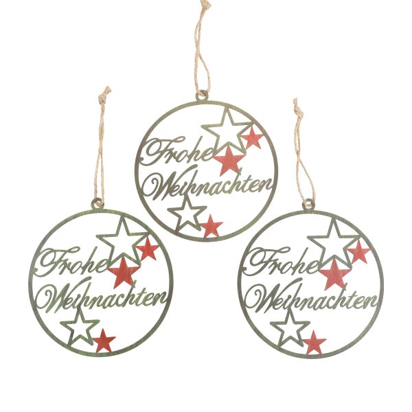 Drei Weihnachtsbaumschmuck-Anhänger mit dem Schriftzug 'Frohe Weihnachten' und Sternen