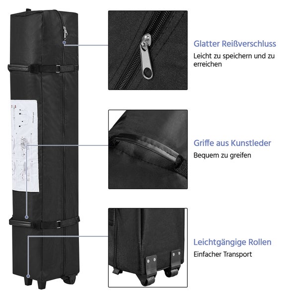 Schwarze Tragetasche mit Reißverschluss, Griffen und Rollen für einfachen Transport