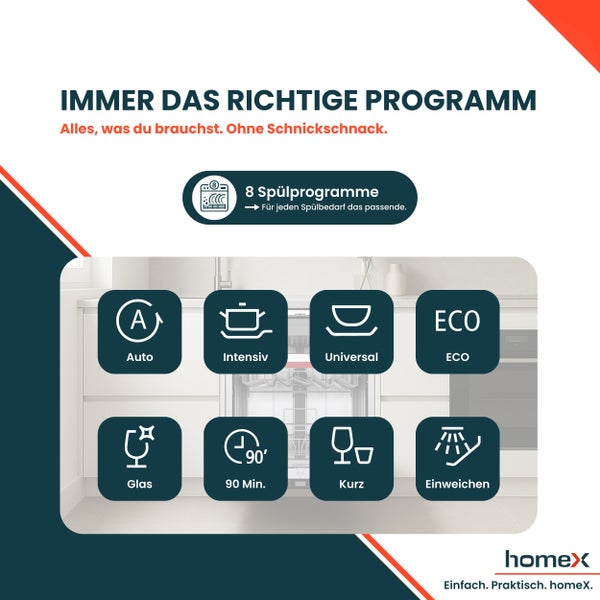 HomeX Geschirrspüler mit verschiedenen Spülprogrammen wie Auto, Intensiv, Universal, Eco, Glas, 90 Minuten, Kurz und Einweichen
