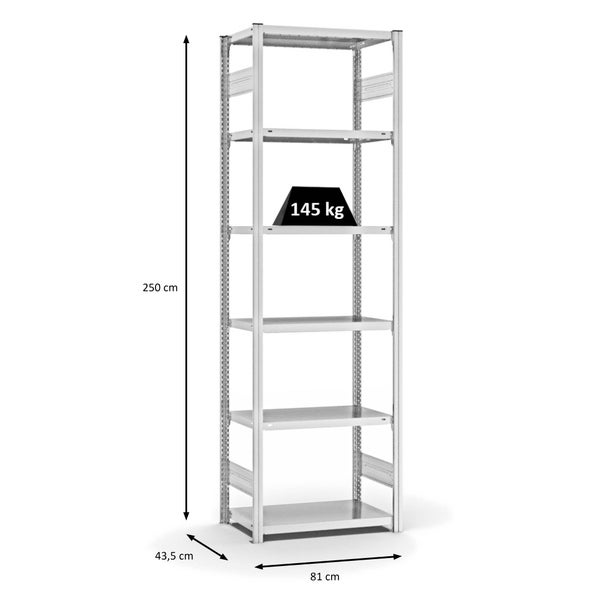 PROREGAL Fachbodenregal Stecksystem T-Profil Light-Duty Grundregal HxBxT 250 x 75 x 40 cm 6 Ebenen Fachlast 145 kg Beidseitig Nutzbar Lichtgrau