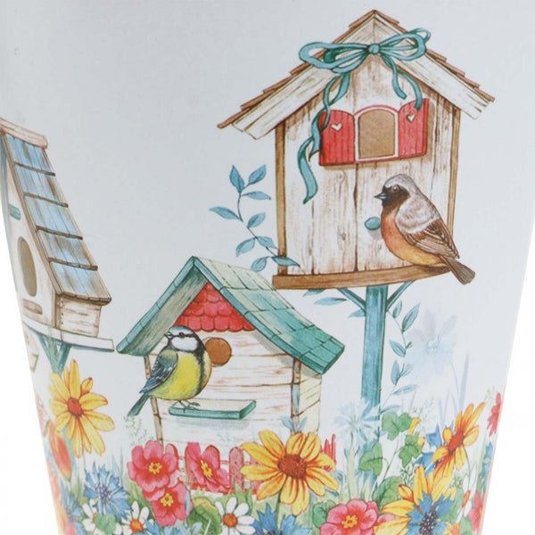 Blumentopf mit Vogelhaus- und Vogelmotiven