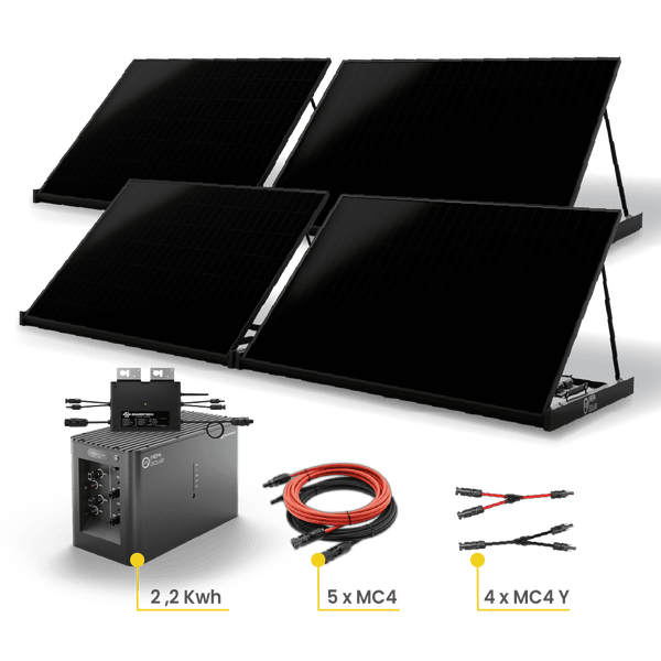 Vier Solarmodule, ein Wechselrichter mit einer Kapazität von 2,2 Kilowatt, fünf MC4-Stecker und vier MC4-Y-Stecker für Solaranlagen.