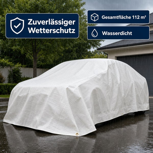 Autoabdeckplane als zuverlässiger Wetterschutz für Fahrzeuge, wasserdicht mit einer Gesamtfläche von 112 Quadratmetern.