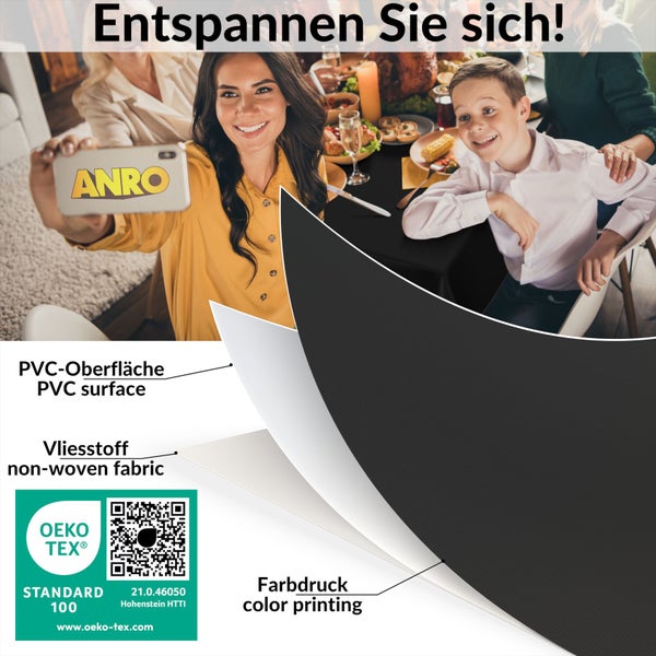 Familie am Esstisch mit ANRO Tischdecke mit PVC Oberfläche, Vliesstoff und Farbdruck