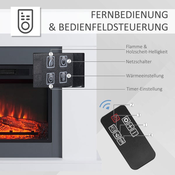 Elektrischer Kamin mit Fernbedienung und Bedienfeld für Flammenhelligkeit, Netzschalter, Wärmeeinstellung und Timer.