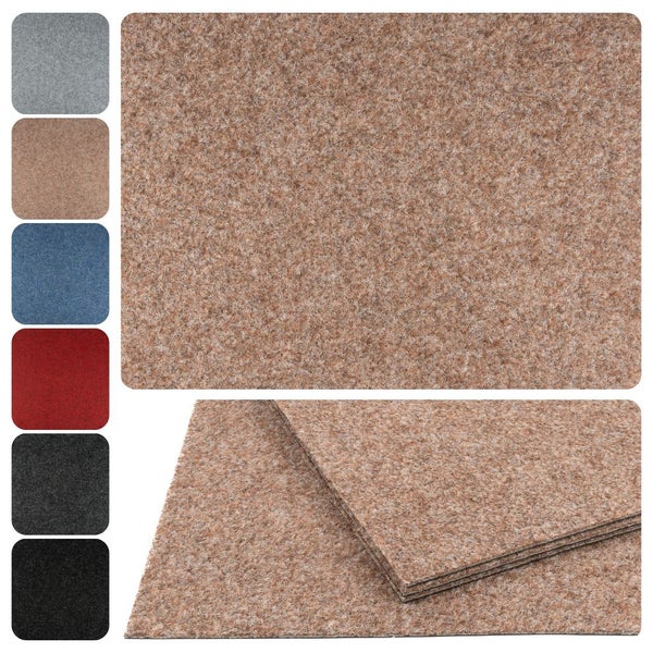 Teppichfliesen aus Nadelfilz in verschiedenen Farben mit Detailansicht der Oberflächenstruktur und Materialstärke.