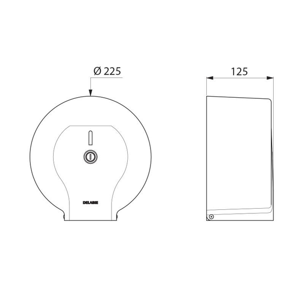 Technische Zeichnung eines runden Delabie Toilettenpapierspenders mit einem Durchmesser von 225 Millimetern und einer Tiefe von 125 Millimetern.
