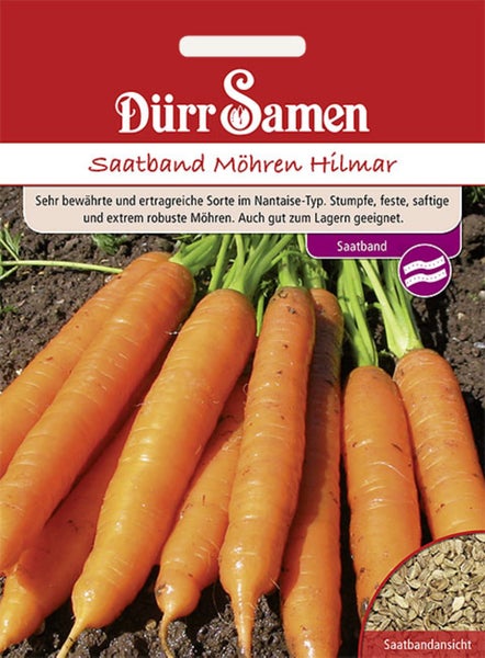 Saatgutpackung Dürr Samen Möhren Hilmar als Saatband, Nantaise-Typ mit Abbildung geernteter Möhren.