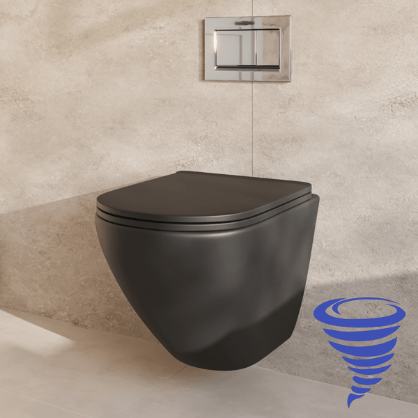 Hängendes Wand-WC mit Spülrandlos-Technologie vor einer hellen Fliesenwand mit verchromter Betätigungsplatte und Wirbelspülsystem-Symbol.