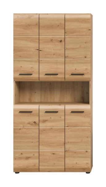 Hoher Schrank in Eichenoptik mit sechs Türen, schwarzen Griffen und einem offenen Mittelfach.