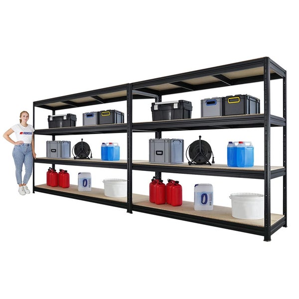 Schwarzes Schwerlastregal mit fünf Ebenen und verschiedenen Behältern