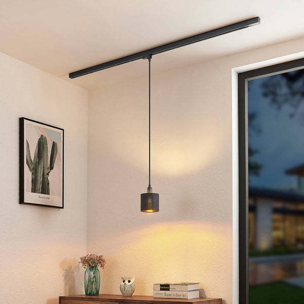 Schwarzes Schienensystem an der Decke mit hängender Pendelleuchte in einem hellen, modern eingerichteten Raum mit Holzmöbeln.