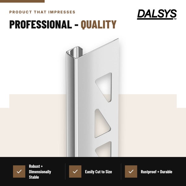 Dalsys Fliesenprofil aus Metall in L-Form zur Kantenabdeckung und zum Schutz von Fliesenabschlüssen.