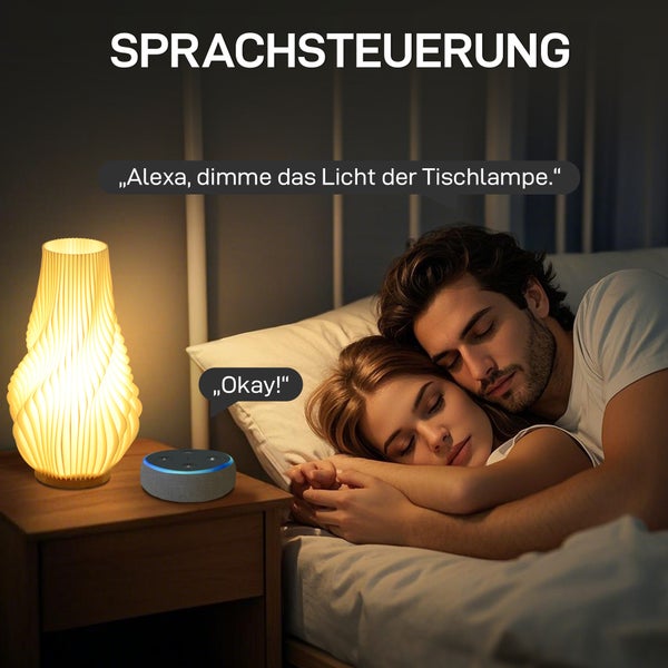 Szene mit Sprachsteuerung von Tischlampe und Echo Dot Lautsprecher im Schlafzimmer