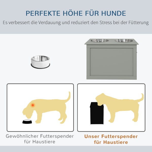 PawHut Hunde Fressnapf mit Staumraum 2 Näpfen Futterstation Edelstahlnapf Katzenapf Edelstahl Grau 60 x 30 x 41 cm