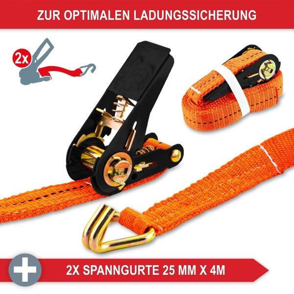 Zwei Spanngurte mit Ratsche und Haken für die Ladungssicherung, 25 Millimeter breit und 4 Meter lang.