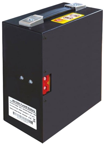 Gabelstaplerbatterie 48 Volt 10 Amperestunden in schwarzem Gehäuse mit Tragegriff und seitlichem Anschluss.