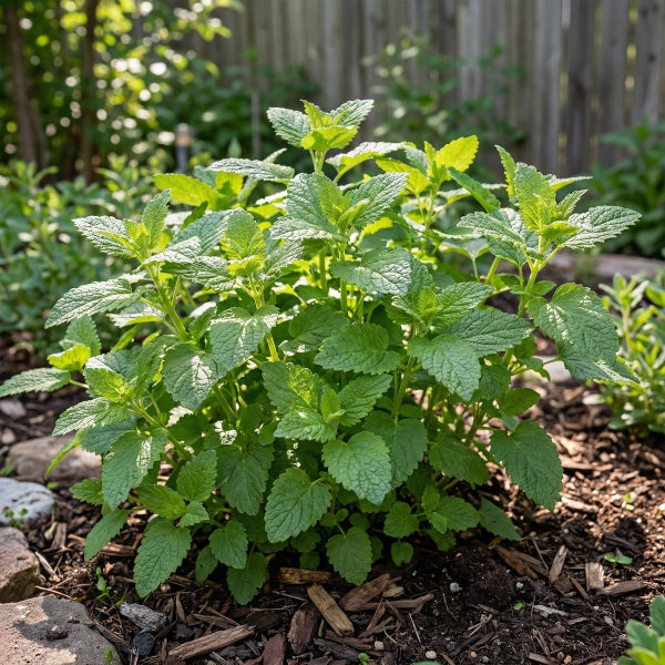 Zitronenmelisse Pflanze im Gartenbeet mit Rindenmulch vor einem Holzzaun.