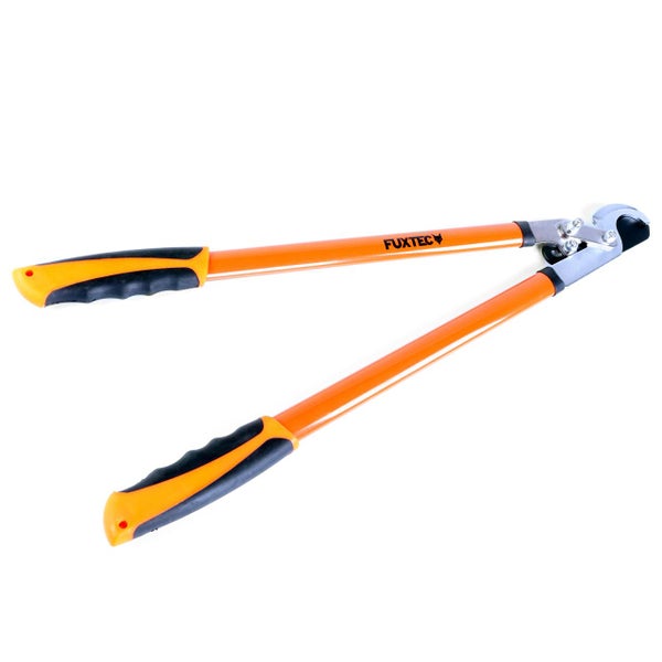Orangefarbene Fuxtec Astschere mit langen ergonomischen Griffen und robustem Schneidekopf aus Metall für den Garten.