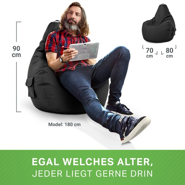 Green Bean Sitzsack mit Rückenlehne 80x70x90cm - Gaming Chair mit 230L Füllung Kuschelig Weich Waschbar - Bean Bag Bodenkissen Lounge Chair Sitzhocker Relax-Sessel Gamer Gamingstuhl Schwarz