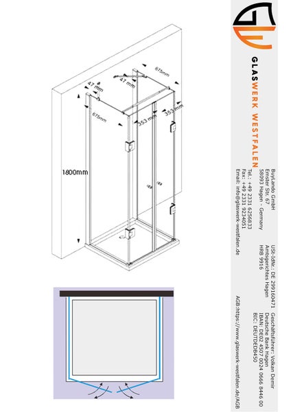 Technische Zeichnung einer Duschkabine mit Maßangaben.
