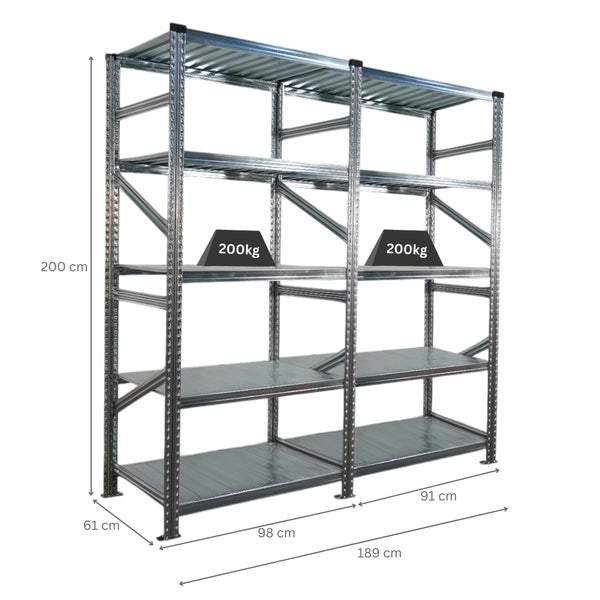 Metallregal mit fünf Ebenen und Gewichtsangabe
