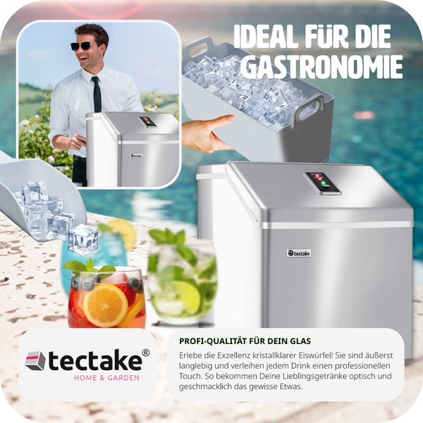 Eiswürfelmaschine tectake  inklusive Eiskorb und Eisschaufel für klare Eiswürfel, 2,2 l Wassertank silber