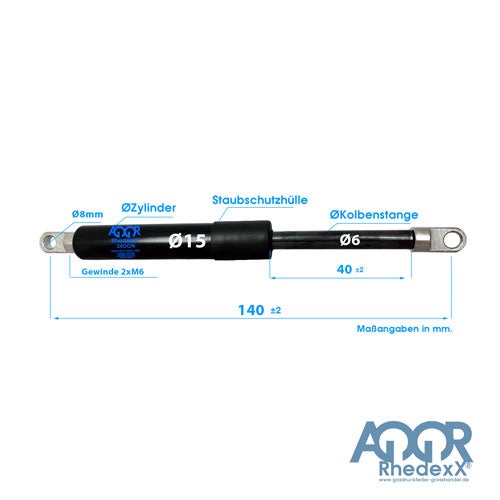AQQOR RhedeX Gasdruckfeder: Durchmesser 15 Millimeter, Hub 40 Millimeter, Gesamtlänge 140 Millimeter, M6 Gewinde, Augendurchmesser 8 Millimeter.