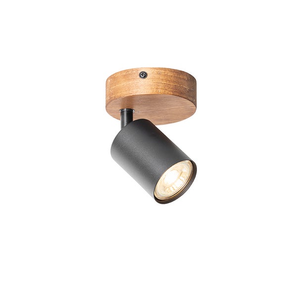 Deckenspot mit Holzsockel und schwarzem Leuchtenkopf