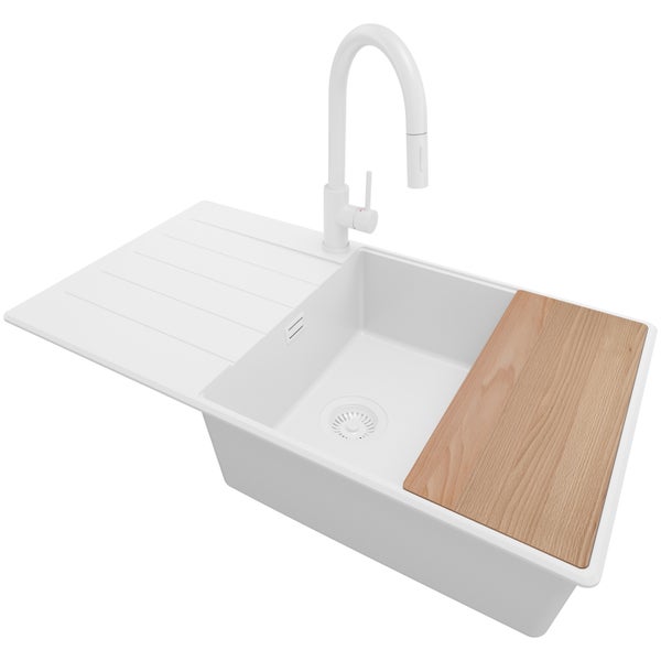PRIMAGRAN Granitspüle Alles Weiß 90x50cm, Spülbecken 1 Becken + Küchenarmatur 40x20cm + Ablauf-Set + Schneidebrett, Küchenspüle ab 60er Unterschrank - Kopenhagen