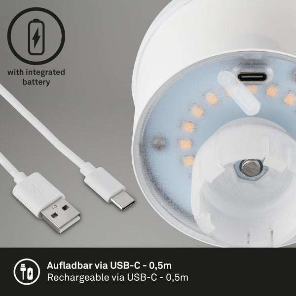 Wiederaufladbare LED-Lampe mit integriertem Akku, USB-C-Anschluss und USB-Ladekabel mit einer Länge von null komma fünf Meter.