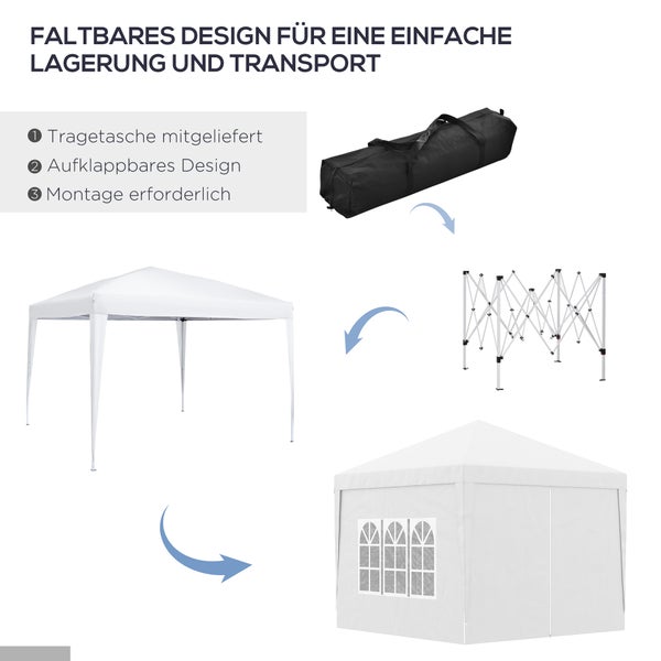 Outsunny Pavillon ca.3x3m, wasserabweisend Stabil Winterfest Pop-up Faltpavillon, UV Schutz 50+, Faltbar Partyzelt Gartenzelt mit 4 Seitenteilen Tasche Gartenpavillon für Camping Garten, Weiß