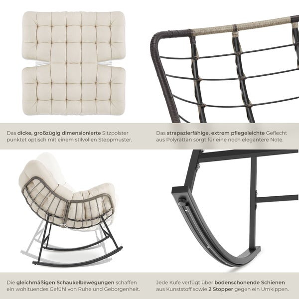 Collage eines Schaukelstuhls mit gestepptem Sitzkissen, Polyrattan-Geflecht, Metallgestell und Kufen mit Bodenschutz und Kippstoppern.