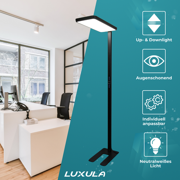LUXULA LED Stehlampe Up/Down Bürolampe Schwarz 100W 7000LM 4000K Neutralweiß UGR16 CRI98 Dimmbar