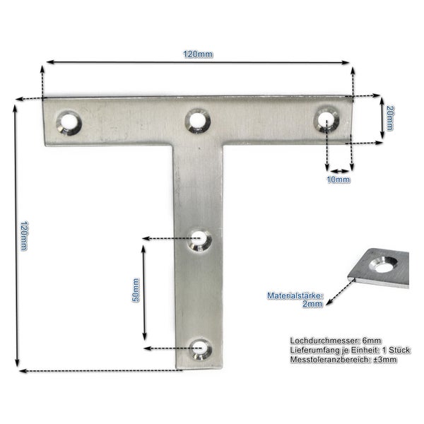 T-Verbinder aus Metall mit Maßangaben 120 mal 120 Millimeter und 2 Millimeter Materialstärke