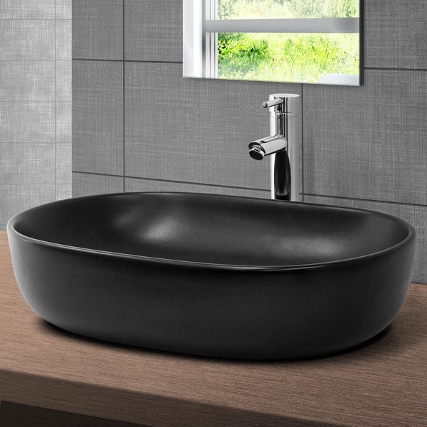 ML-Design Waschbecken aus Keramik in Schwarz matt 600 x 425 x 145 mm mit Ablaufgarnitur, Ovale Aufsatzwaschbecken, Moderne Waschtisch, Waschschale Waschplatz Handwaschbecken, für Badezimmer/Gäste-WC
