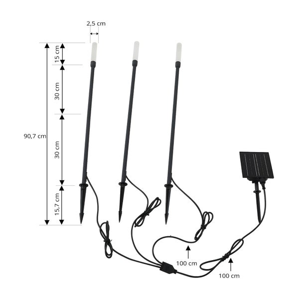 Solar-Gartenleuchten 3er-Set mit Massen: Gesamthöhe 90,7 Zentimeter, Lampenhöhe 15 Zentimeter, Durchmesser 2,5 Zentimeter, Kabellänge 100 Zentimeter.