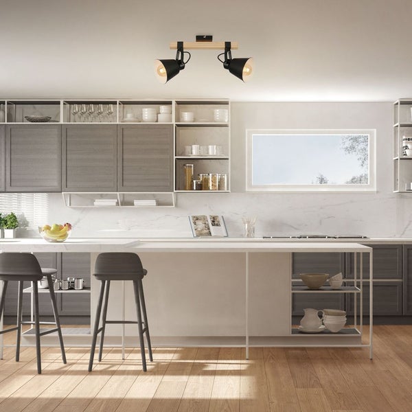 Deckenleuchte Spotleuchte Schwenkbar E27 40W schwarz Metall-Holz Briloner