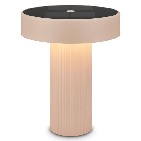 Solar-LED-Tischleuchte mit beleuchtetem, geriffeltem zylindrischem Sockel und Solarpanel auf der Oberseite.