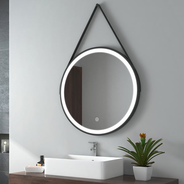 EMKE Badspiegel mit Beleuchtung Ø70 cm, Kaltweiß, Helligkeit einstellbar, Anti-Beschlag, Touchschalter, schwarzer Rahmen mit Deko-Aufhängung, IP44, Wandmontage, für Bad