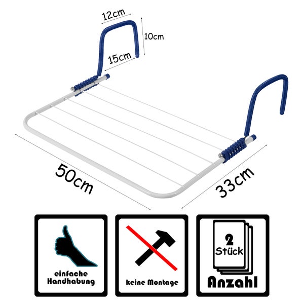 2x Wäschetrockner für Balkon, Heizung & Camping - Wäscheständer für Balkongeländer & Heizkörper - 50x33 cm - Hängetrockner klappbar Balkonwäschetrockner