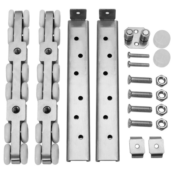 Set mit Schiebetürbeschlägen bestehend aus Rollenwagen Laufschienen und Montagematerial aus Metall