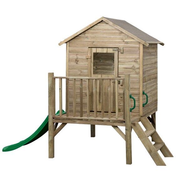 Stelzenhaus aus Holz für Kinder mit grüner Rutsche, Leiter und Balkon.