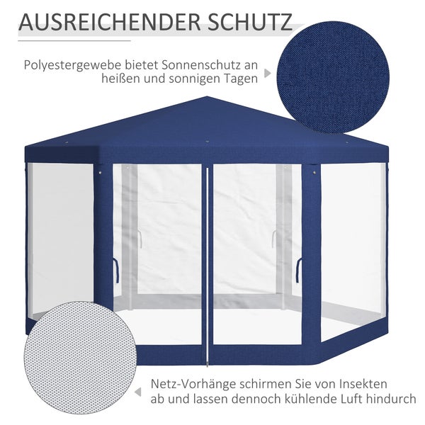 Outsunny Pavillon 4x3m Sechseckig Wasserabweisend Stabil Winterfest Pavillon mit Moskitonetz Partyzelt Gartenzelt mit 6 Seitenteilen Gartenpavillon für Camping Garten, Blau