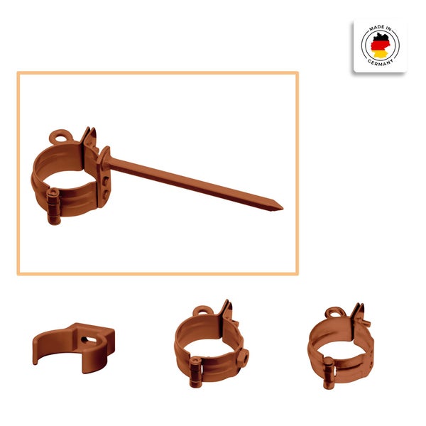 Fallrohrschelle aus Kupfer mit Schlagstift zur Befestigung von Regenfallrohren, Hergestellt in Deutschland.