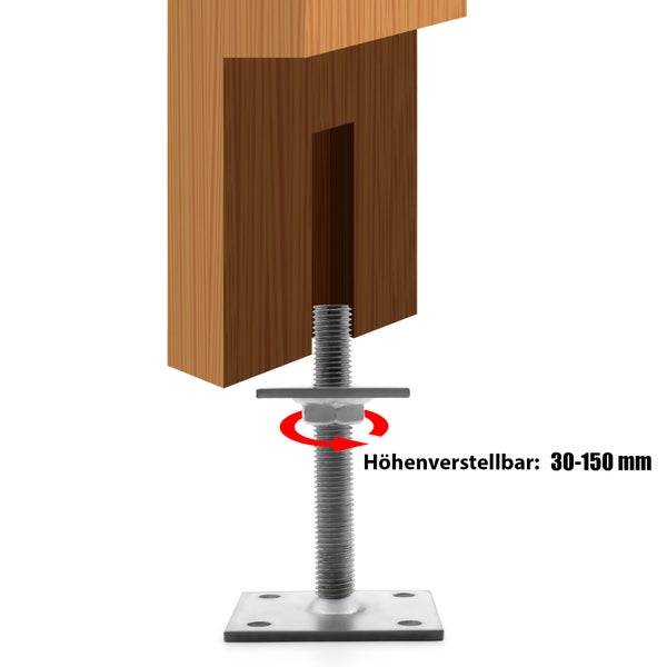 Höhenverstellbarer Pfostenträger mit Gewindestange zur Montage an Holzpfosten, Höhenverstellbereich 30 bis 150 Millimeter.
